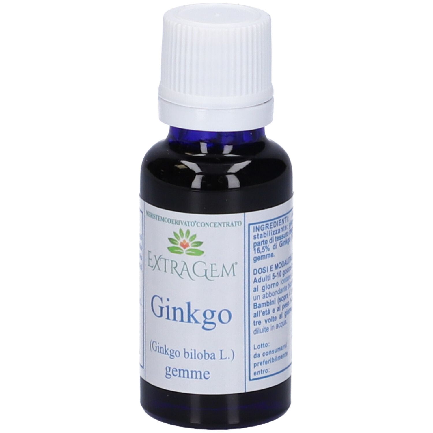 Flacone in vetro con liquido marrone e tappo bianco. Etichetta con testo, tra cui Extragem Ginkgo Gemme.