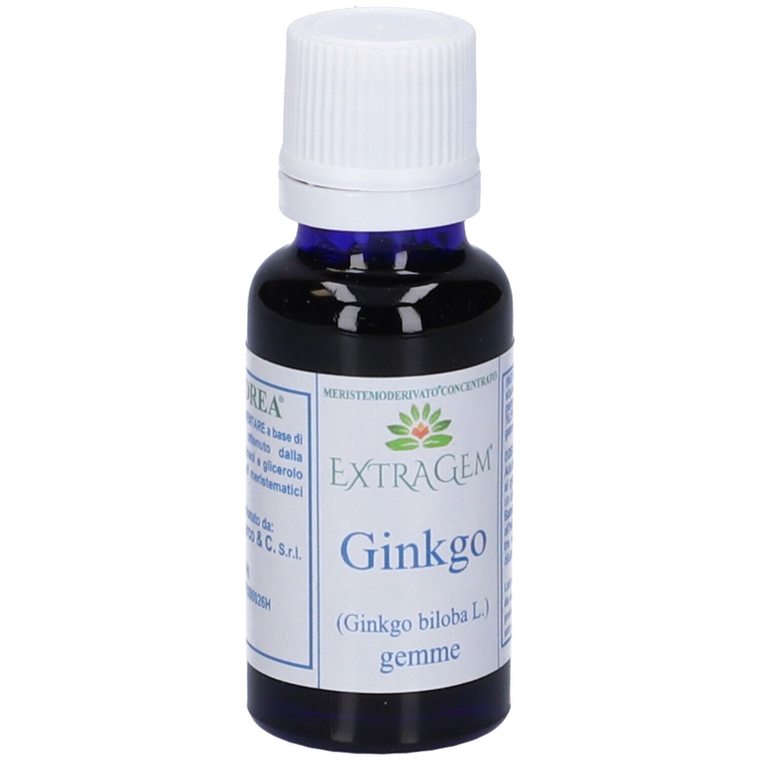 Flacone in vetro con liquido marrone e tappo bianco. Etichetta con testo, tra cui Extragem Ginkgo Gemme.