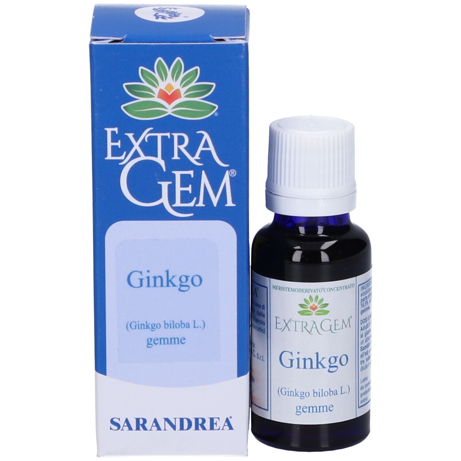 Flacone in vetro e scatola. Scritta: Extragem Ginkgo Gemme. Scatola blu con testo bianco.