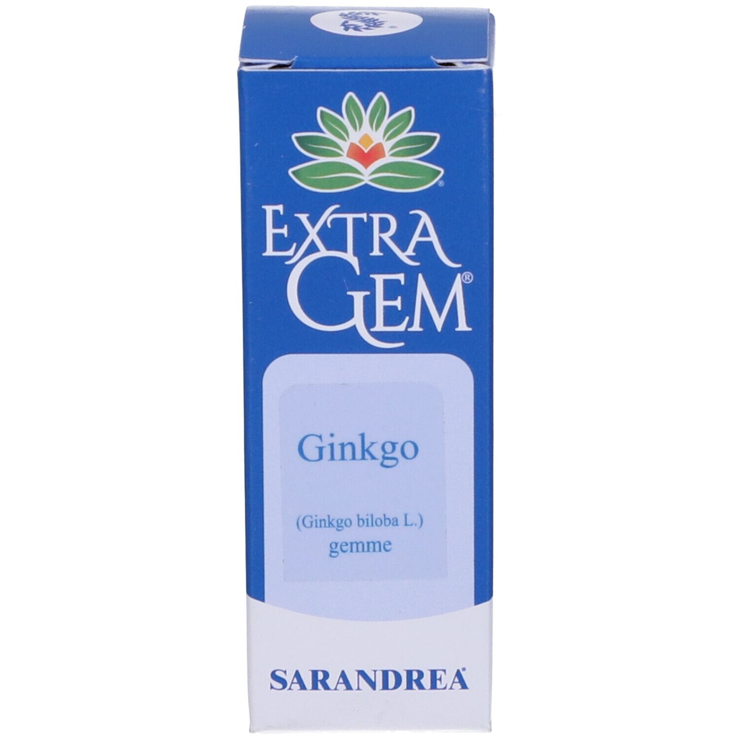 Scatola blu con testo bianco. Scritta: Extragem Ginkgo Gemme. Logo con fiore.