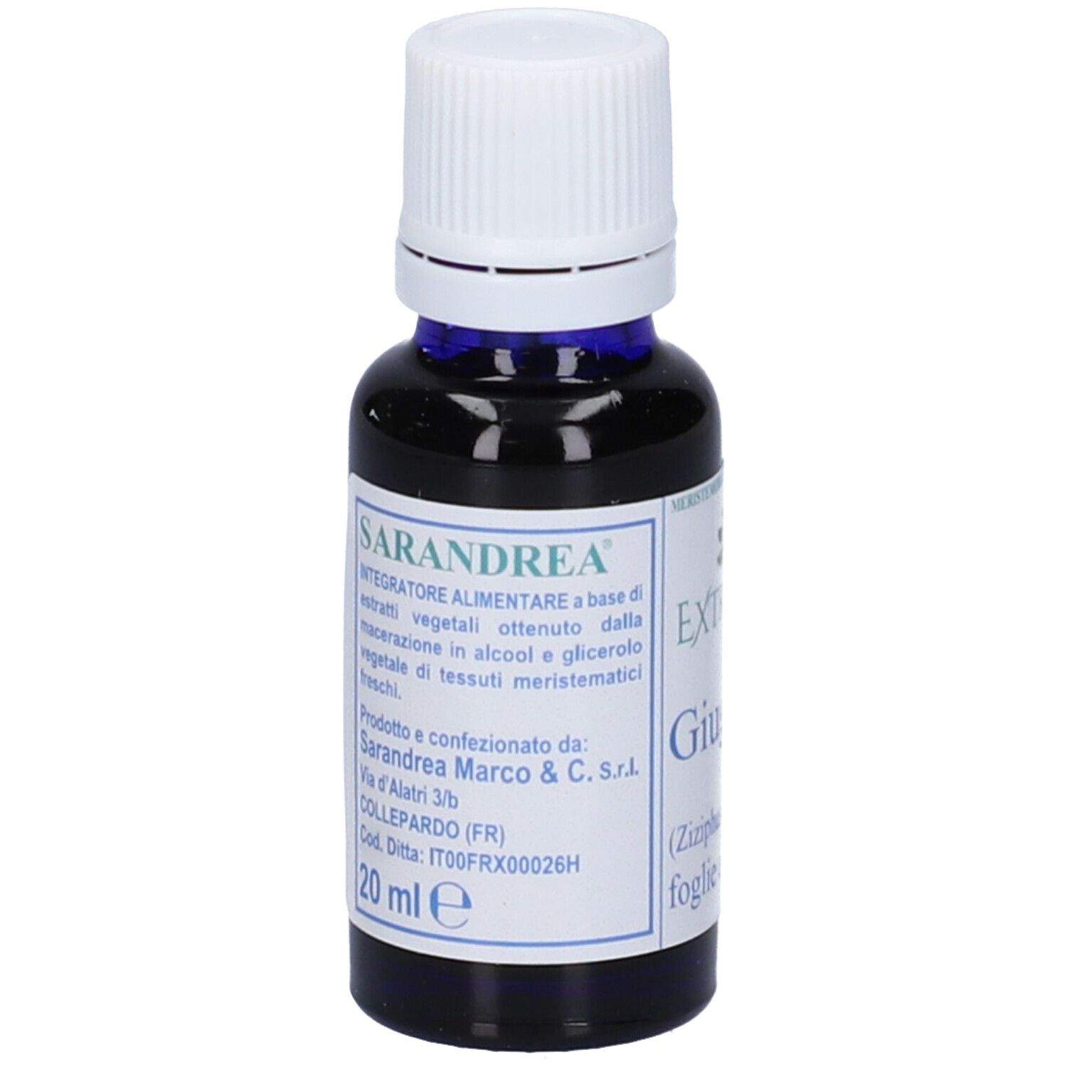 Piccola bottiglia di vetro con contenuto blu e tappo bianco. Scritta: Extragem Giuggiolo, 20 ml.