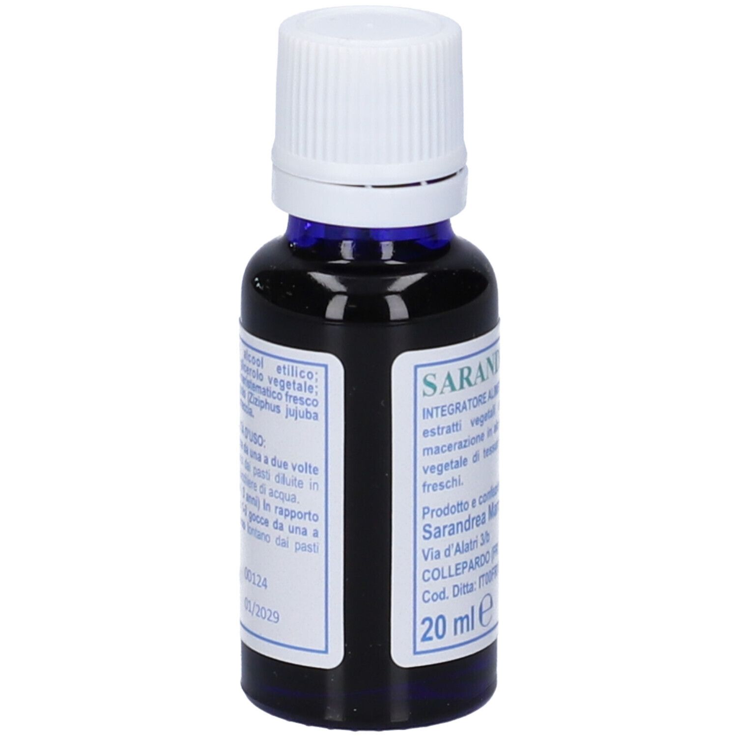 Piccola bottiglia di vetro con contenuto blu e tappo bianco. Scritta: Extragem Giuggiolo, 20 ml.
