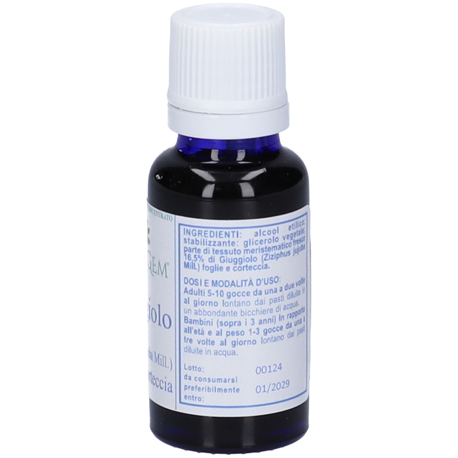 Piccola bottiglia di vetro con contenuto blu e tappo bianco. Scritta: Extragem Giuggiolo, 20 ml.