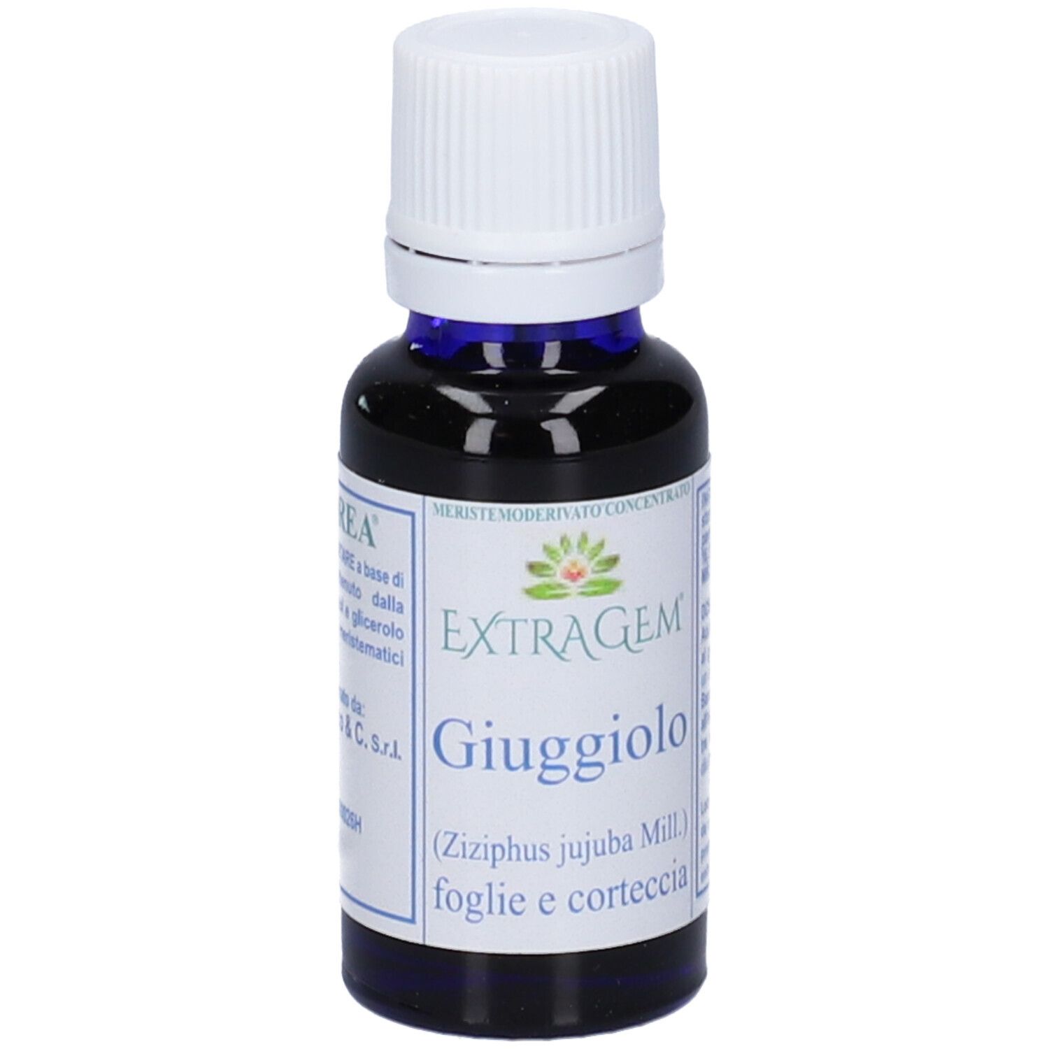 Piccola bottiglia di vetro con contenuto blu e tappo bianco. Scritta: Extragem Giuggiolo, 20 ml.