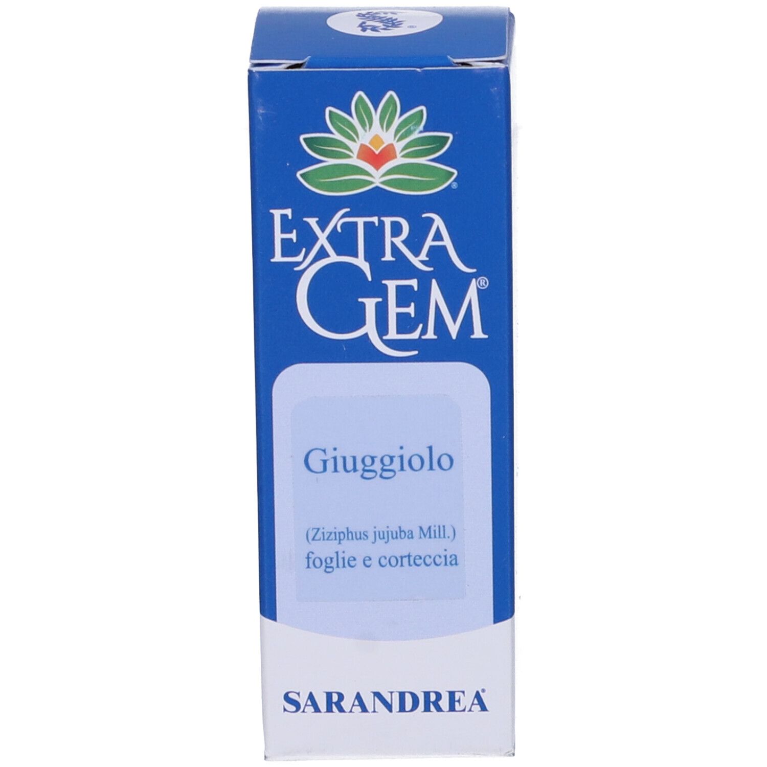 Scatola blu con testo bianco. Scritta: Extragem Giuggiolo.