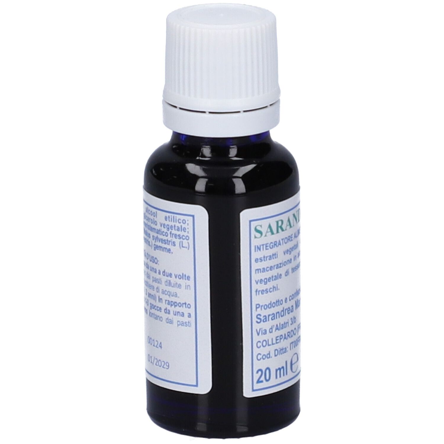 Flacone di vetro scuro con tappo bianco. Etichetta con informazioni e volume: 20 ml.