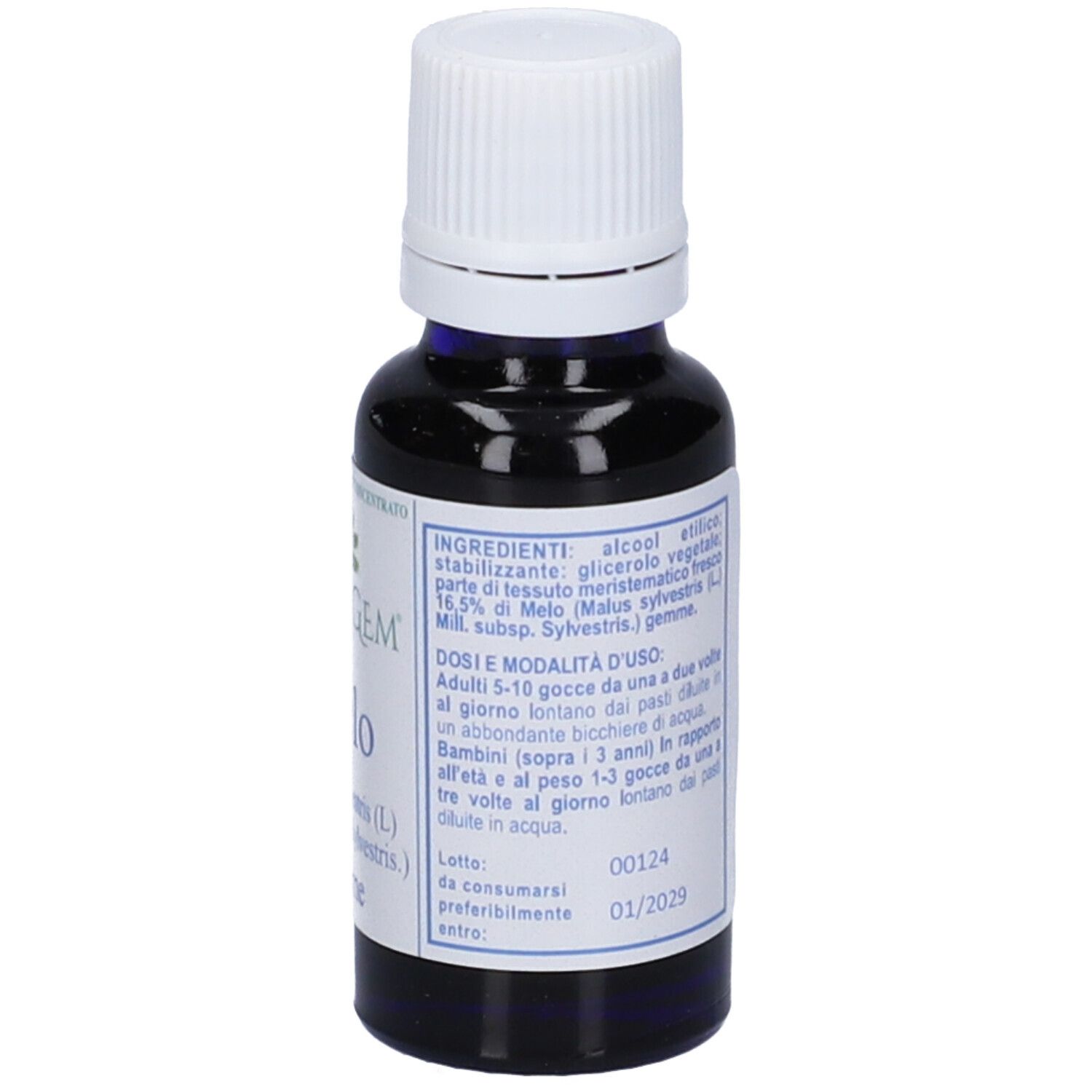 Flacone di vetro scuro con tappo bianco. Etichetta con ingredienti e dosaggio. Liquido visibile.