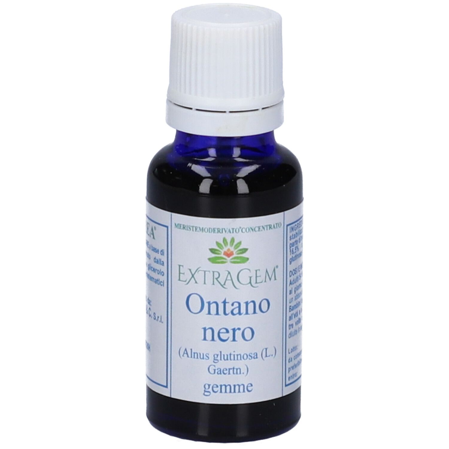 Piccolo flacone di vetro con contenuto blu e tappo bianco. Scritta: Extragem Ontano nero, 20 ml.