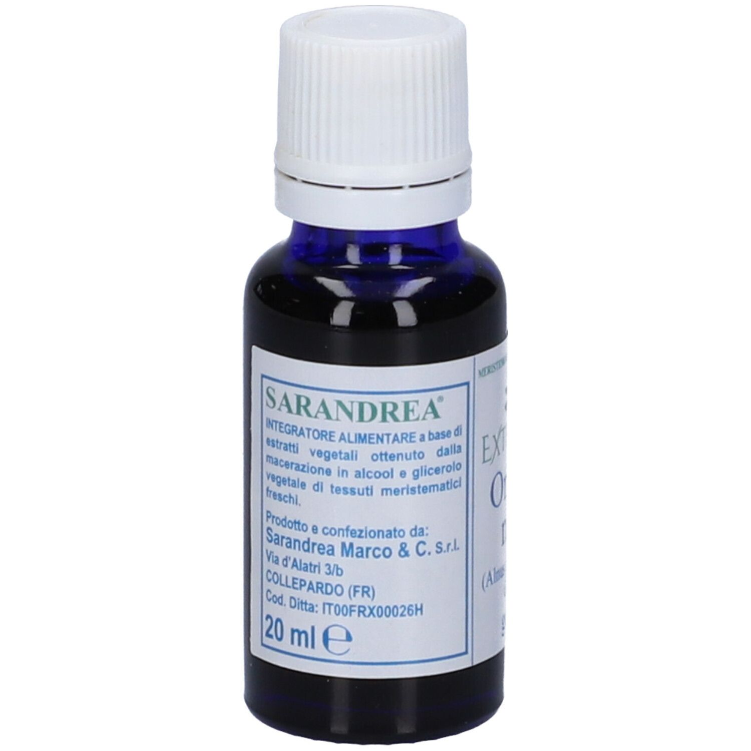 Piccolo flacone di vetro con contenuto blu e tappo bianco. Scritta: Extragem Ontano nero, 20 ml.