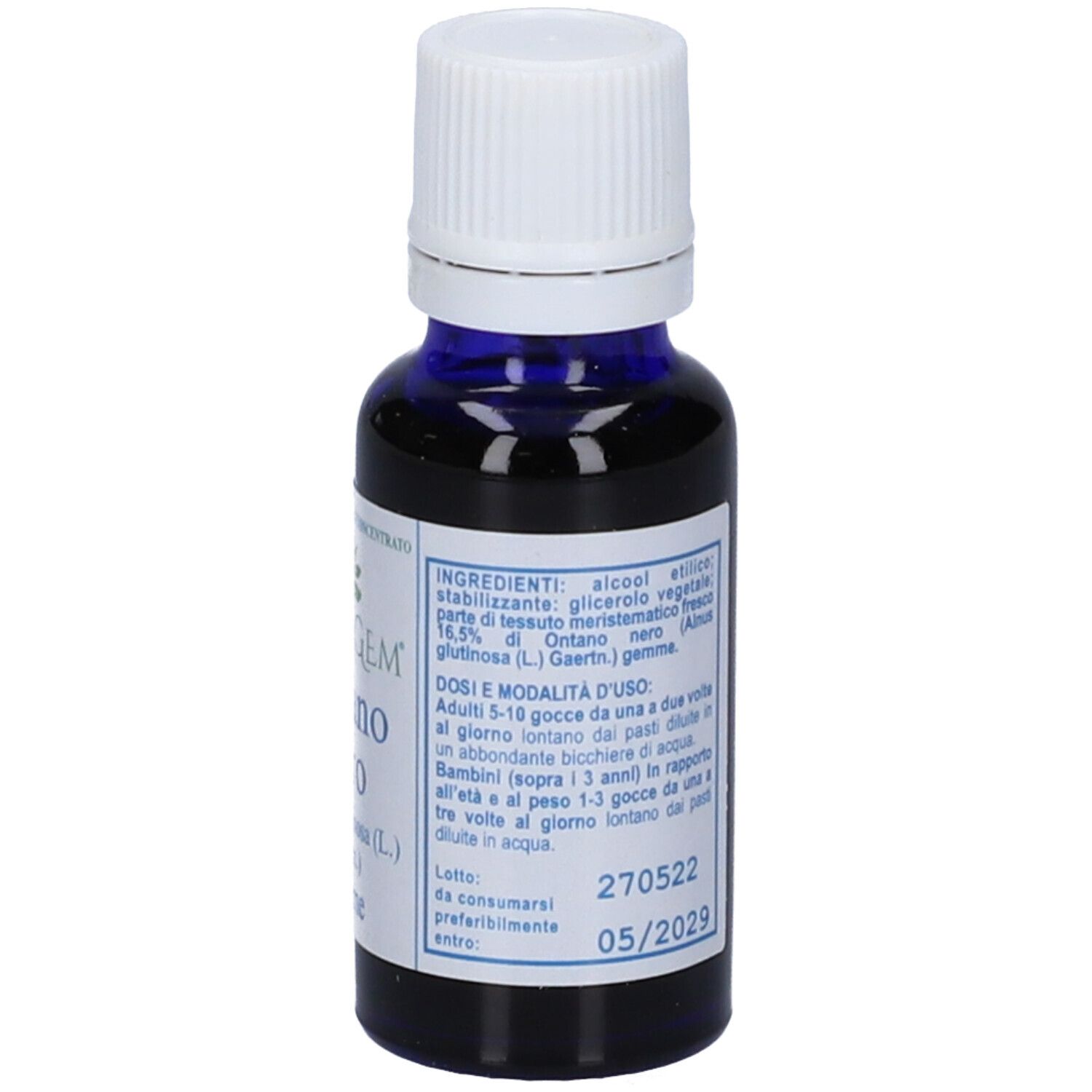 Piccolo flacone di vetro con contenuto blu e tappo bianco. Scritta: Extragem Ontano nero, 20 ml.