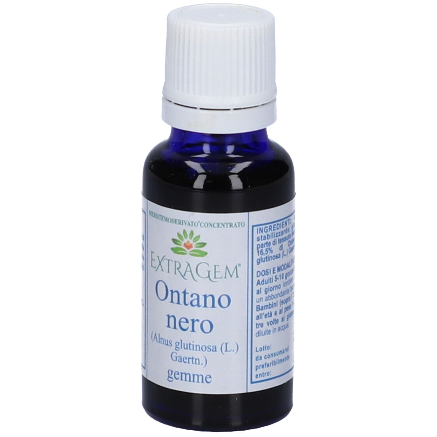 Piccolo flacone di vetro con contenuto blu e tappo bianco. Scritta: Extragem Ontano nero, 20 ml.