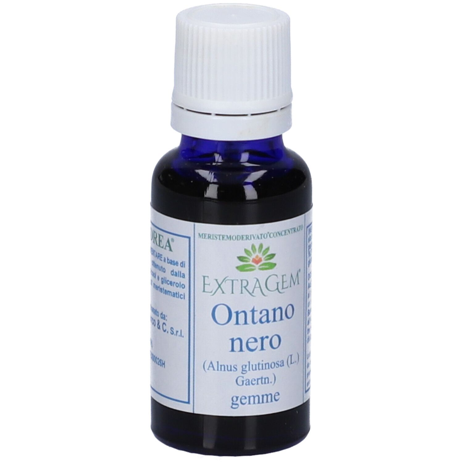 Piccolo flacone di vetro con contenuto blu e tappo bianco. Scritta: Extragem Ontano nero, 20 ml.