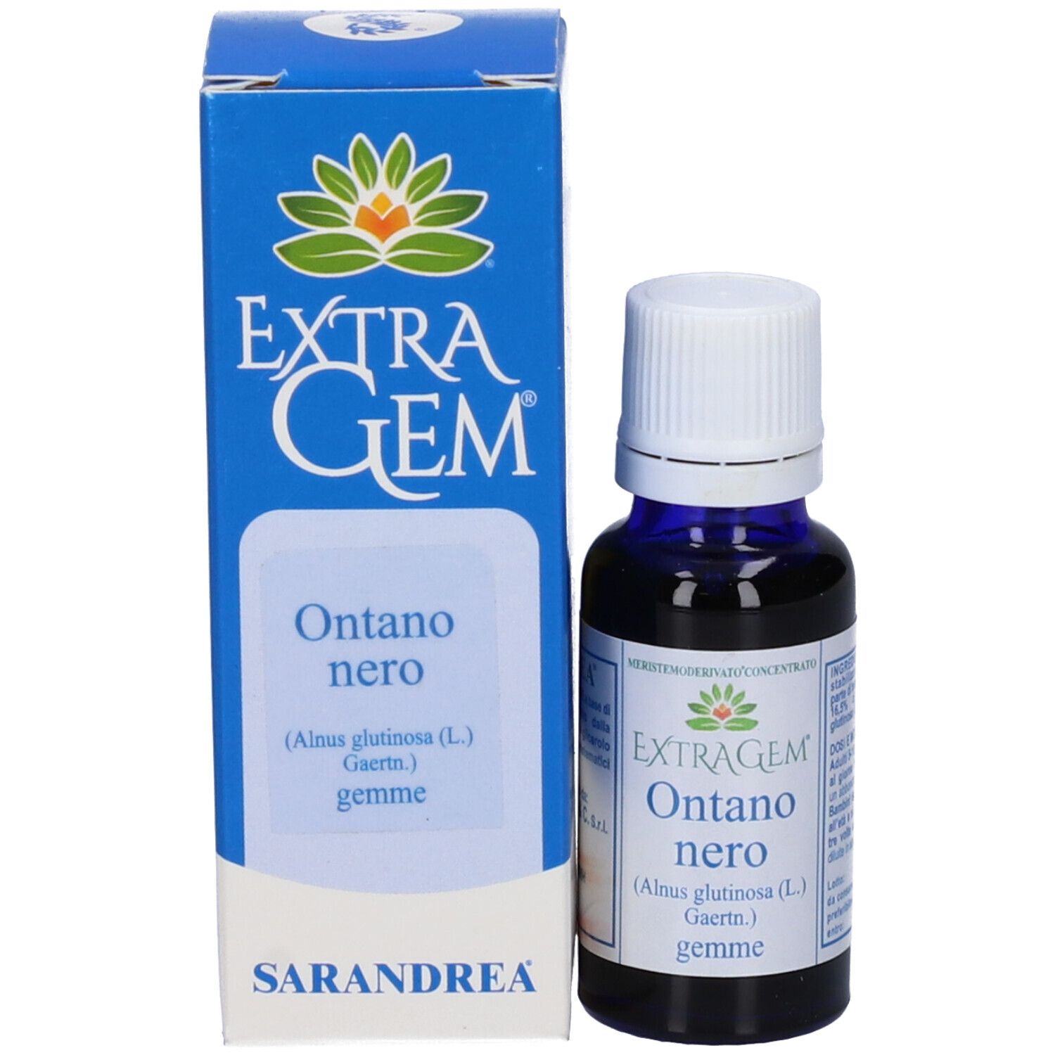 Flacone di vetro con contenuto blu, tappo bianco e scatola. Scritta: Extragem Ontano nero, 20 ml.
