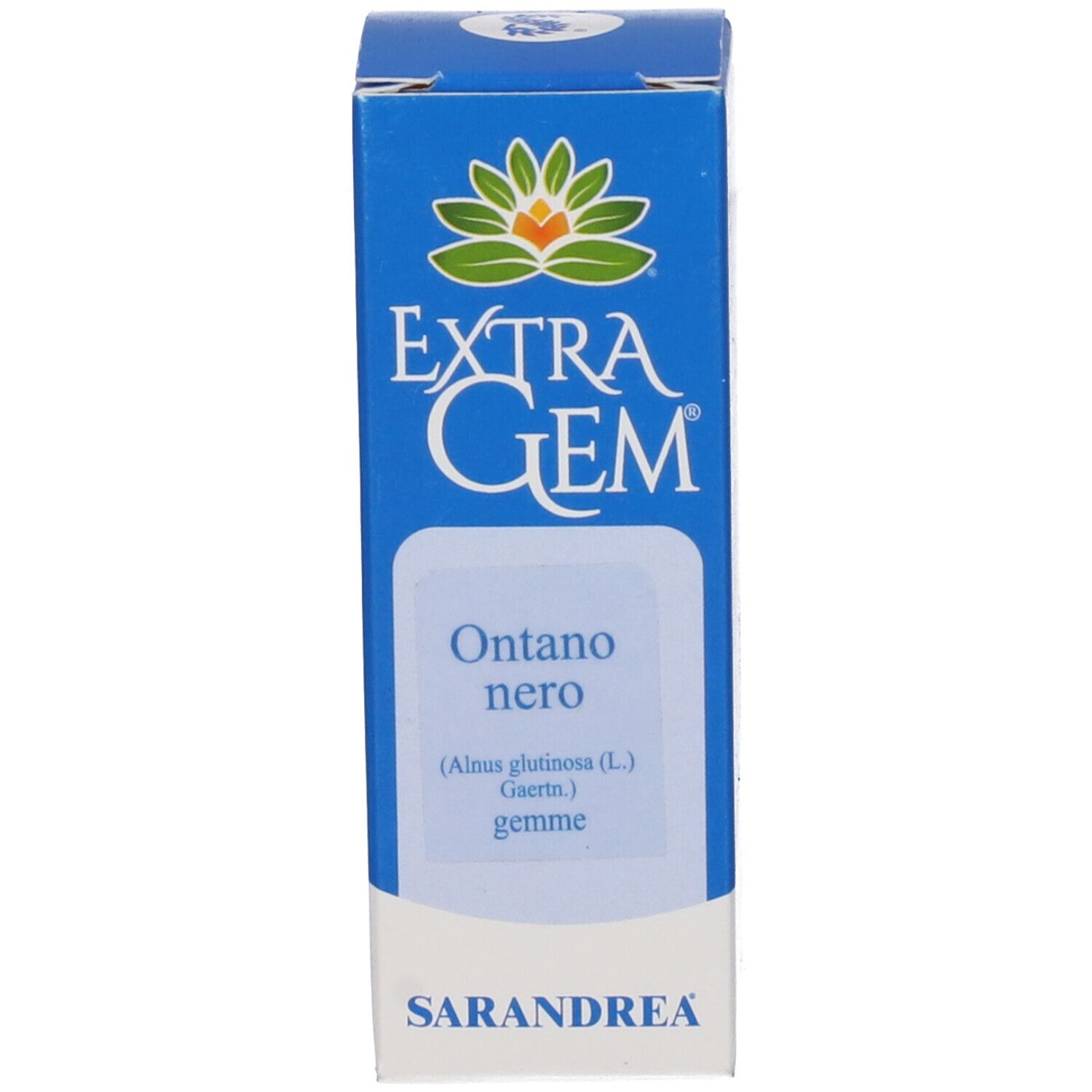 Scatola con scritta: Extragem Ontano nero. Logo. Marchio: Sarandrea.