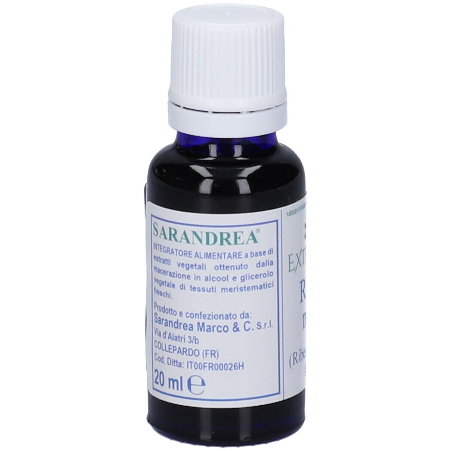 Flacone di vetro marrone con tappo bianco. Etichetta con informazioni e logo.