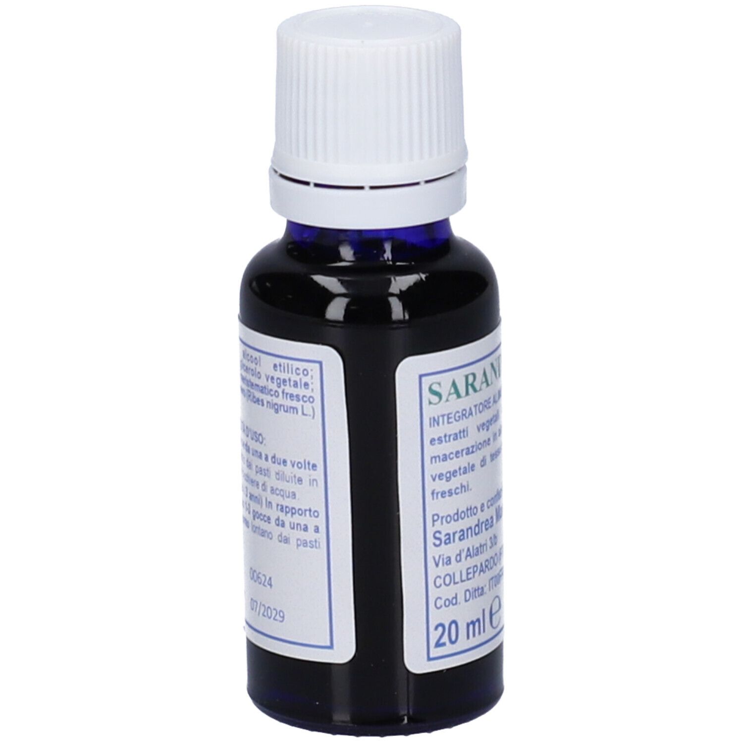 Flacone di vetro marrone con tappo bianco. Etichetta con informazioni e logo.