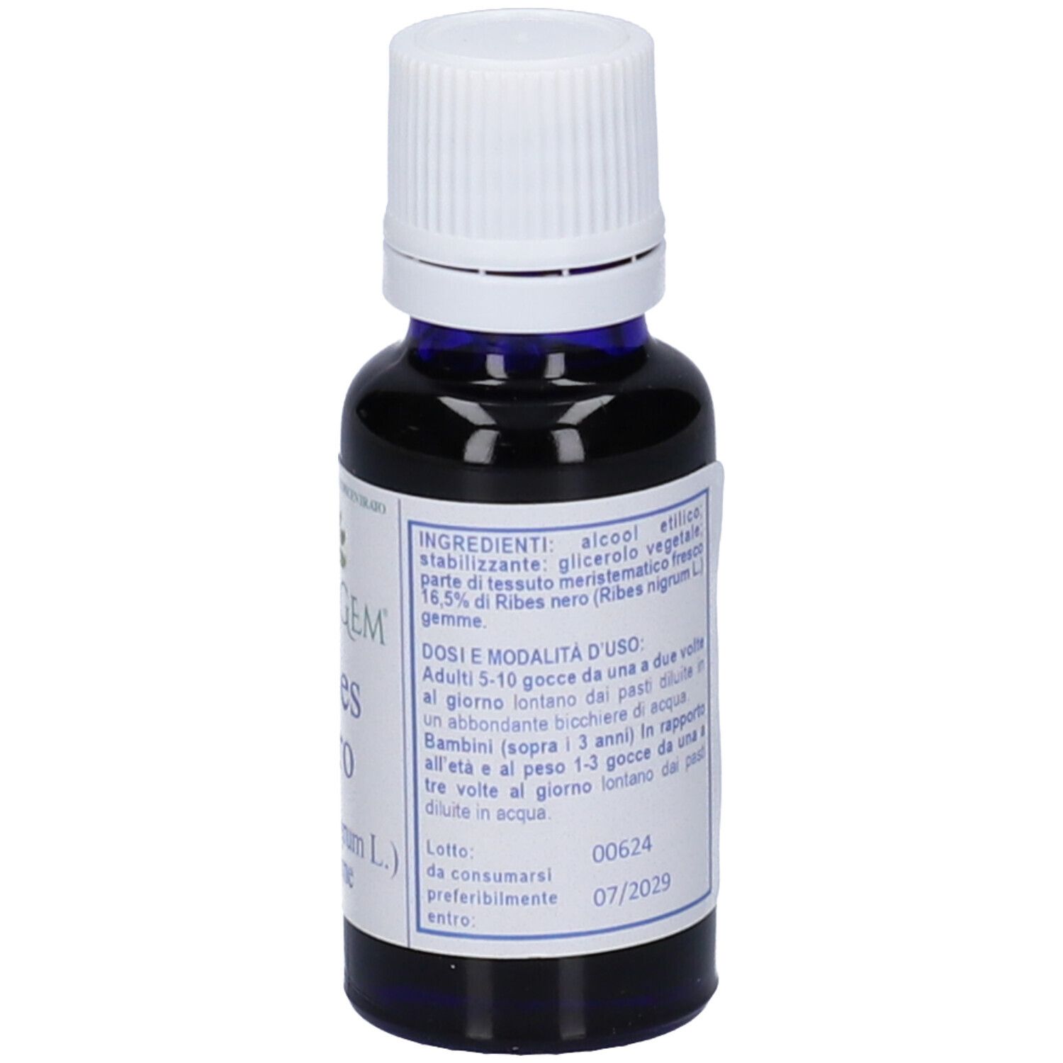 Flacone di vetro marrone con tappo bianco. Etichetta con informazioni e logo.