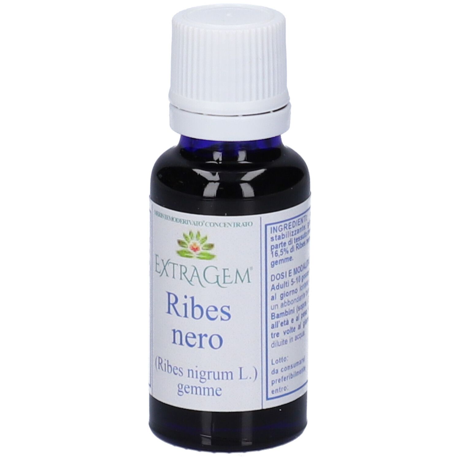 Flacone di vetro marrone con tappo bianco. Etichetta con informazioni e logo.