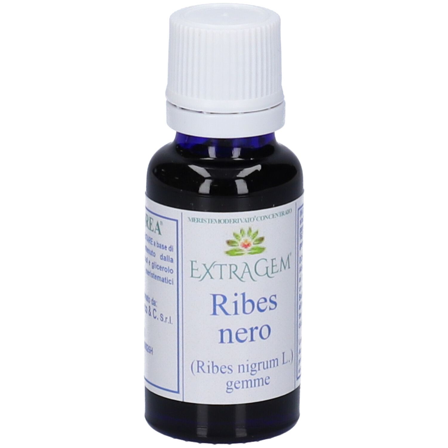 Flacone di vetro marrone con tappo bianco. Etichetta con informazioni e logo.