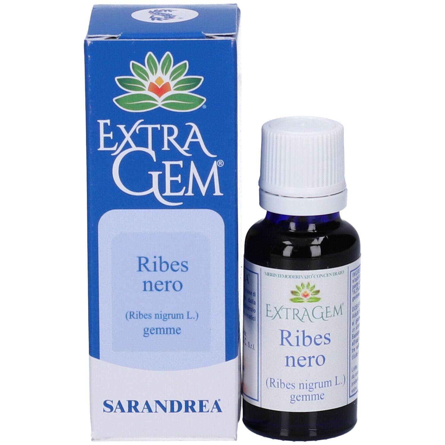 Flacone di vetro marrone con tappo bianco e confezione. Logo e nome del prodotto.