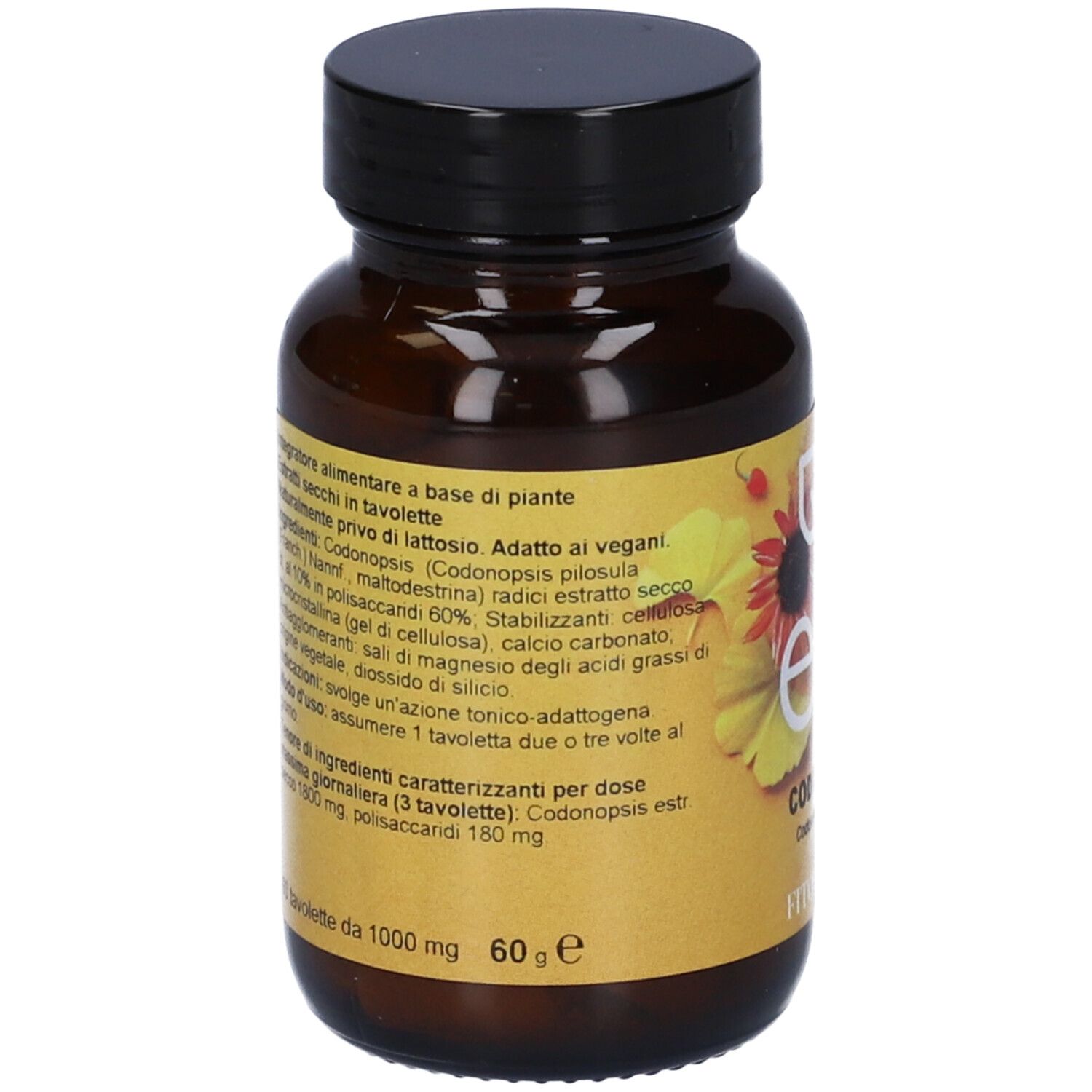 Flacone di vetro marrone con capsule. Stampa: est, Codonopsis. Marchio: FitoMedical. Etichetta con informazioni.