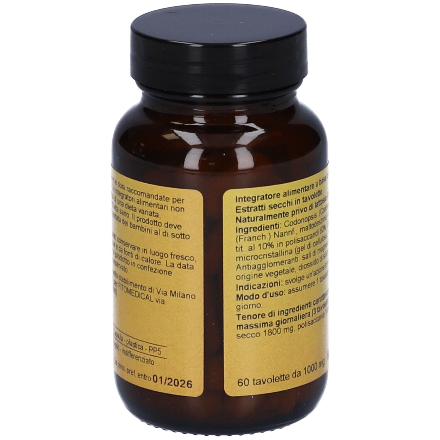 Flacone di vetro marrone con capsule. Stampa: est, Codonopsis. Marchio: FitoMedical. Etichetta con informazioni.