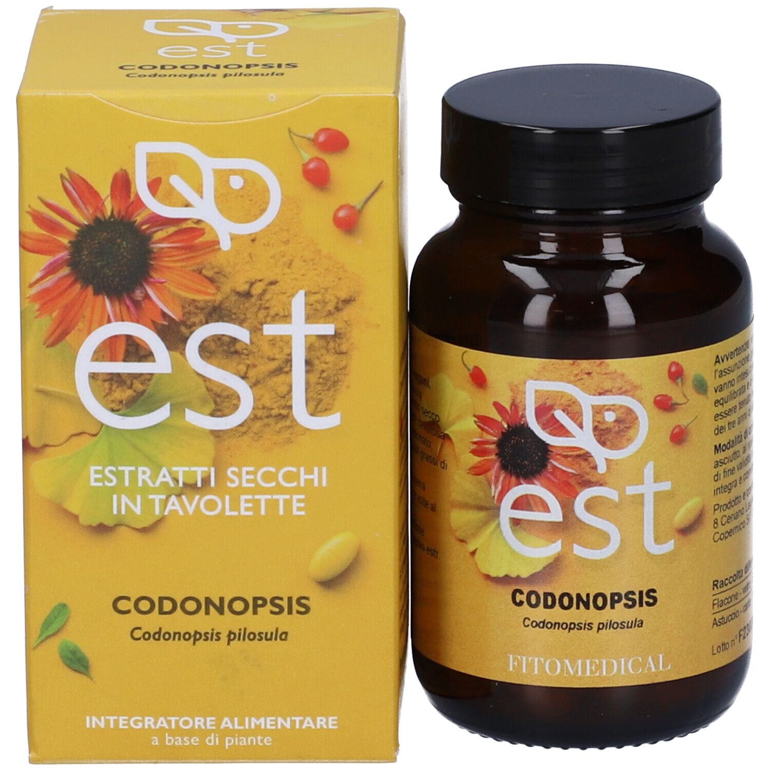 Confezione del prodotto con flacone e scatola. Stampa: est, Codonopsis. Marchio: FitoMedical. Compresse.