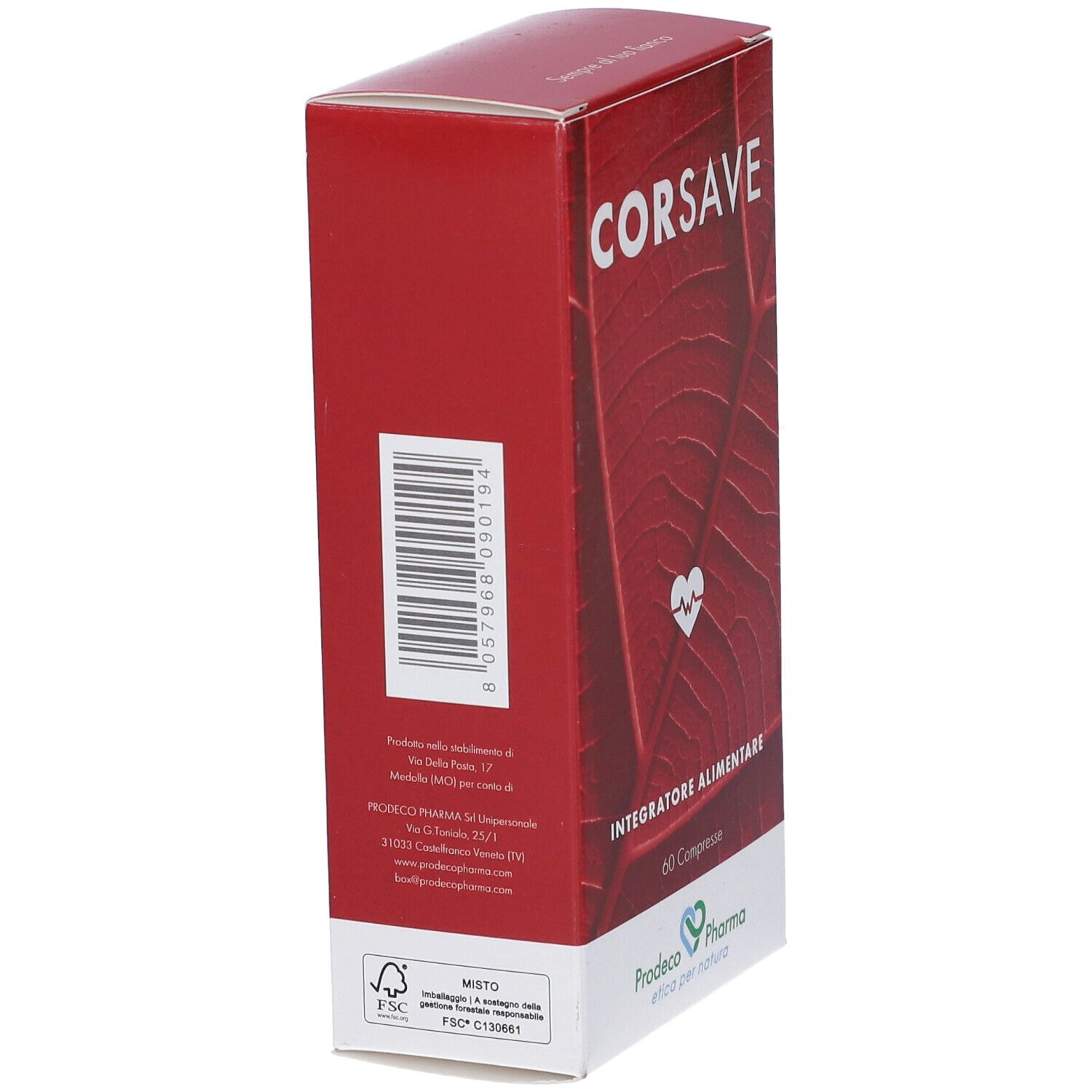 Scatola rossa, vista laterale. Scritto: CORSAVE, Integratore Alimentare, 60 Compresse. Codice a barre e logo Prodeco Pharma.