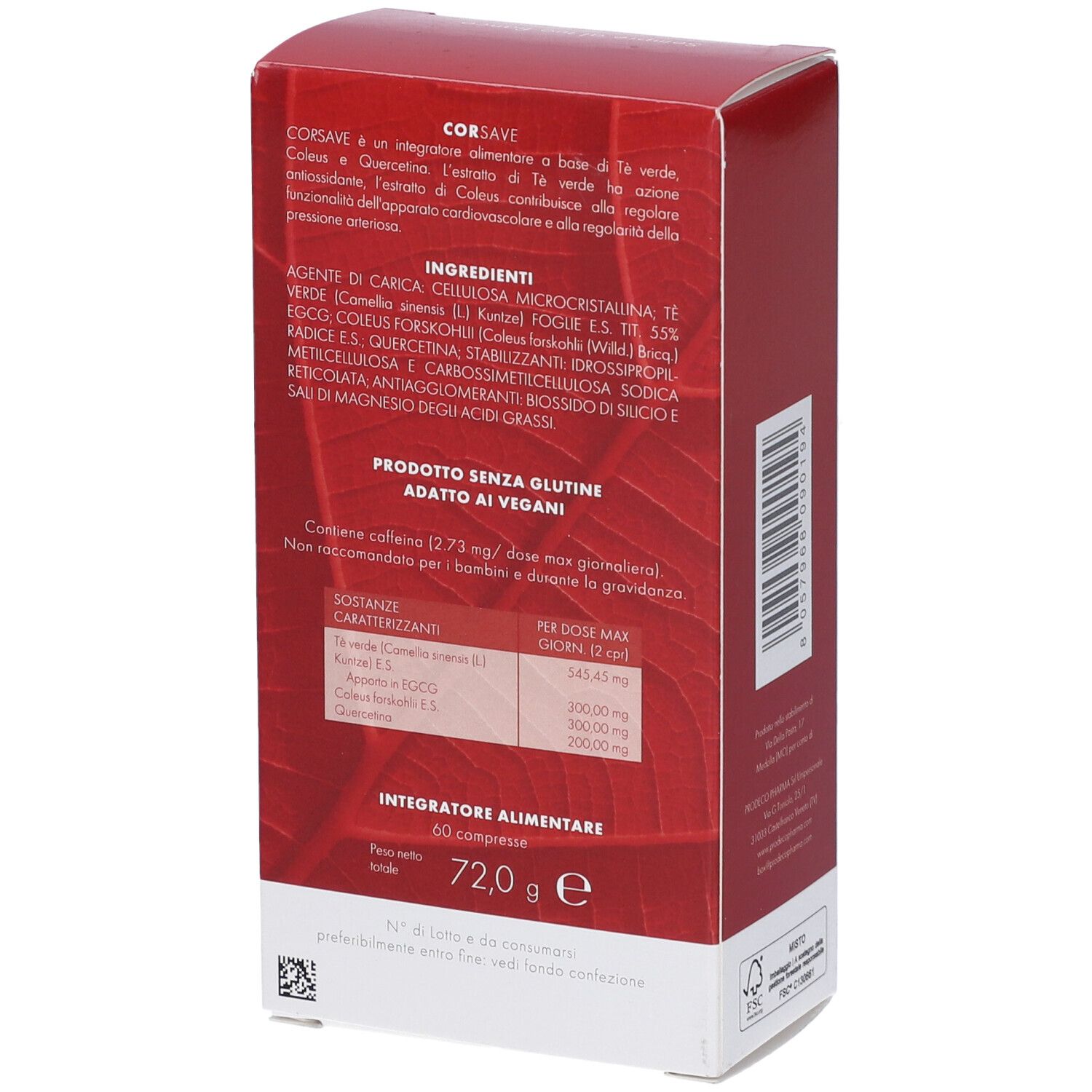 Scatola rossa, retro. Testo: Ingredienti, prodotto senza glutine, adatto ai vegani. Peso: 72,0 g.