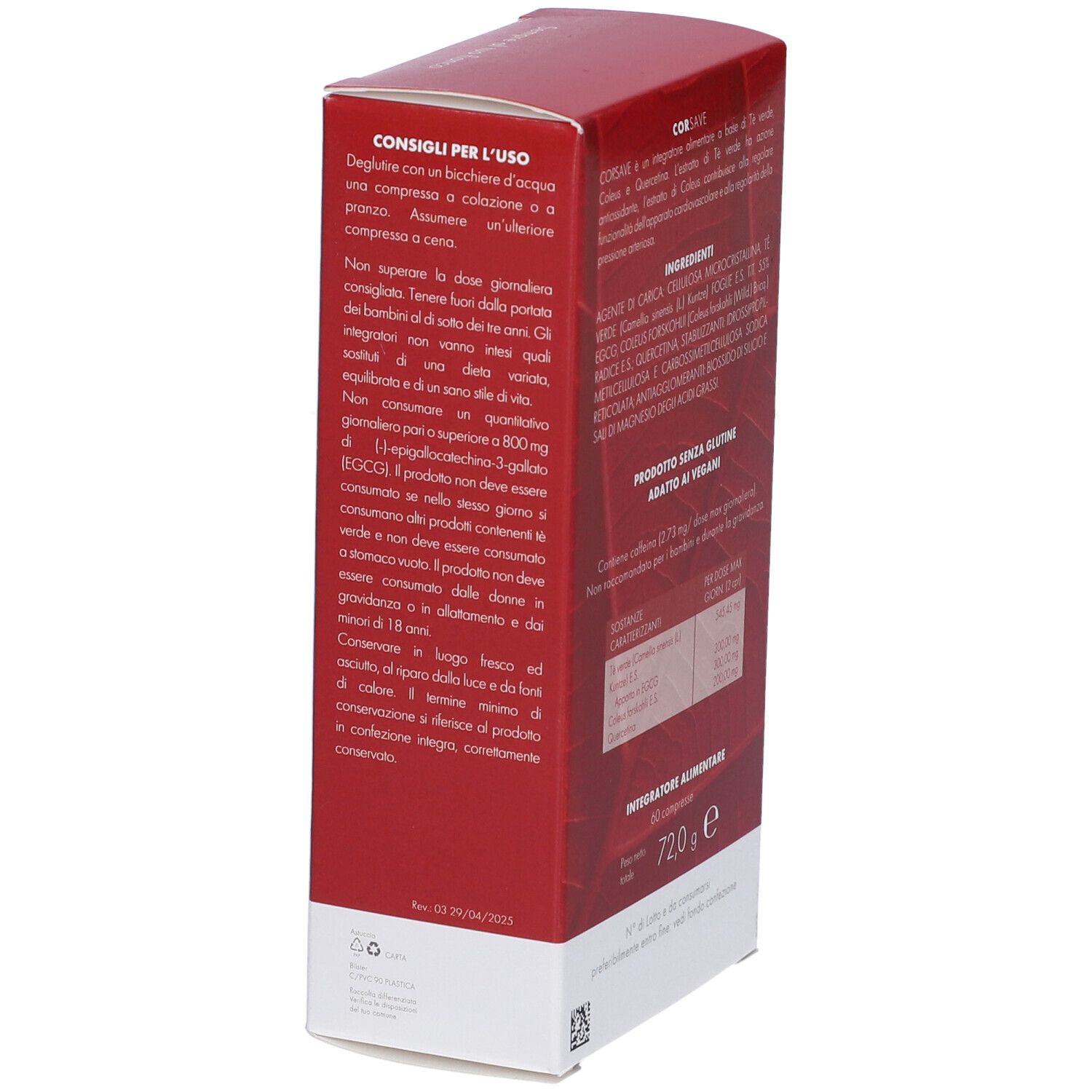 Scatola rossa, lato con istruzioni per l'uso. Testo: Consigli per l'uso. Peso: 72,0 g.