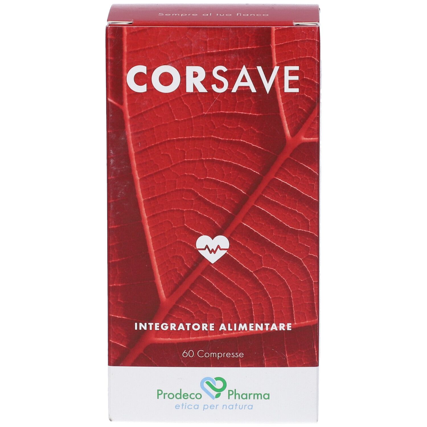 Scatola rossa con scritta bianca CORSAVE. Scritto: Integratore Alimentare, 60 Compresse. Logo Prodeco Pharma.