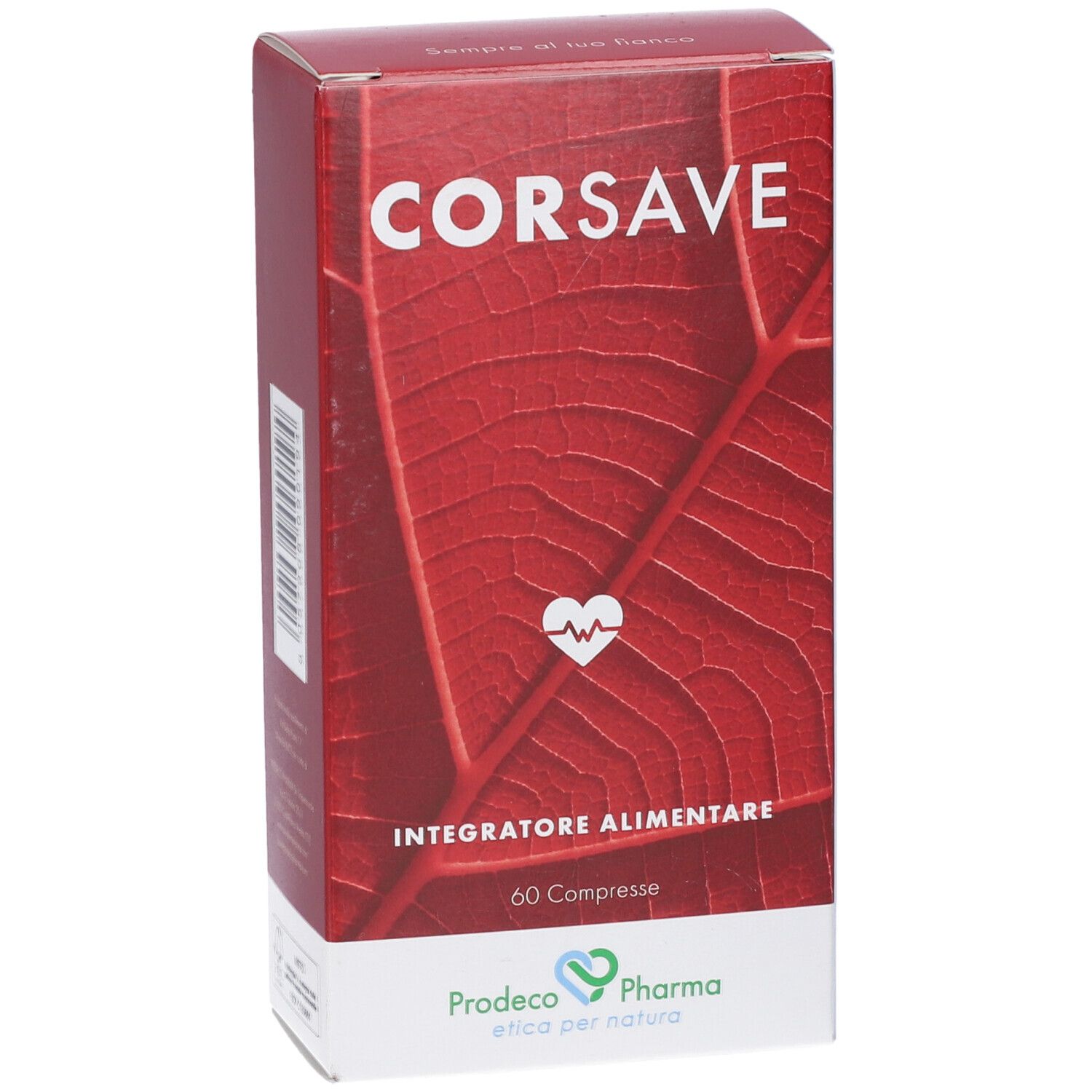Scatola rossa con scritta bianca CORSAVE. Scritto: Integratore Alimentare, 60 Compresse. Logo Prodeco Pharma.