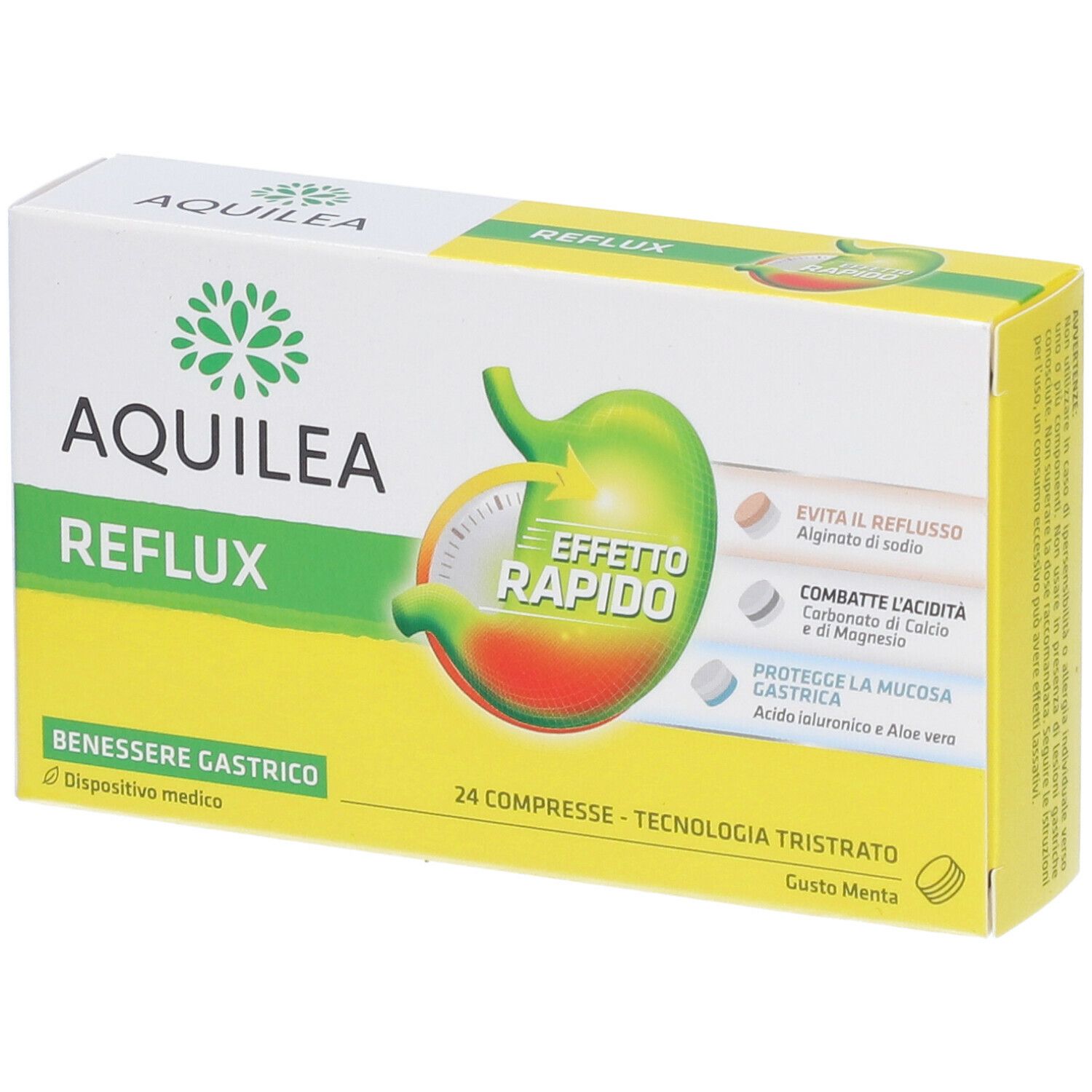 Confezione AQUILEA REFLUX in prospettiva. Contiene 24 compresse. Scritte: 'Effetto Rapido', 'Benessere Gastrico'.