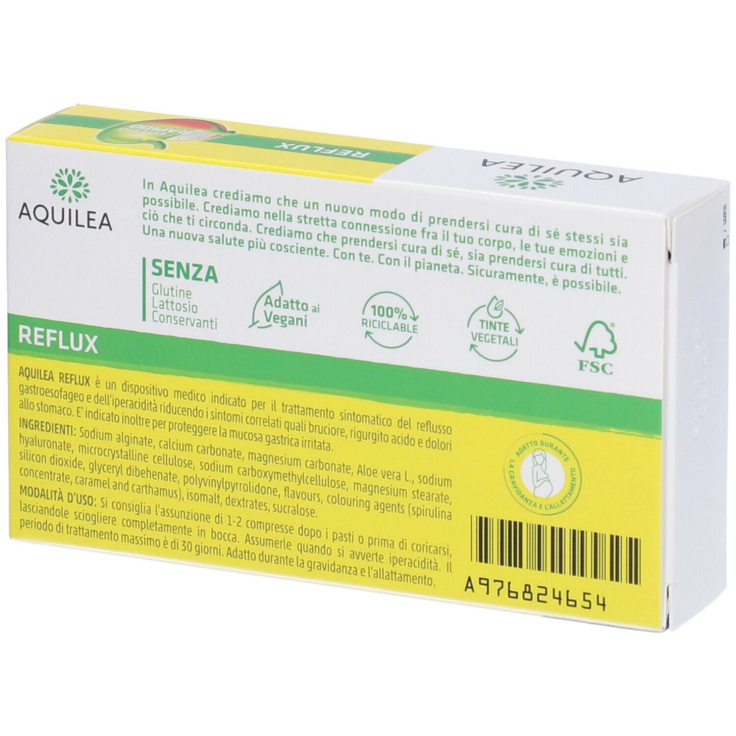 Retro della confezione AQUILEA REFLUX. Testo sugli ingredienti, 'Adatto ai Vegani', '100% Riciclabile', logo FSC.