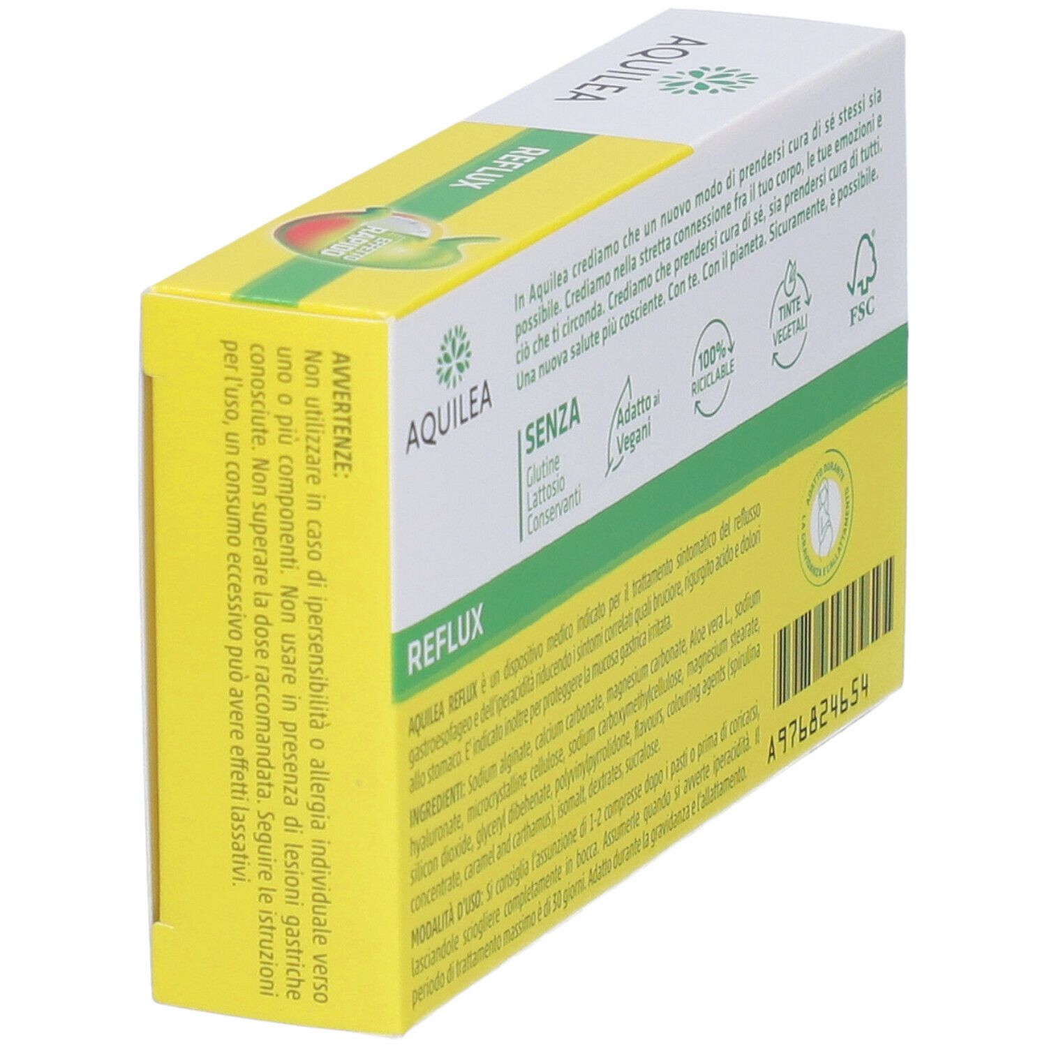 Confezione AQUILEA REFLUX in prospettiva. Retro con testo, 'Adatto ai Vegani', '100% Riciclabile', logo FSC.