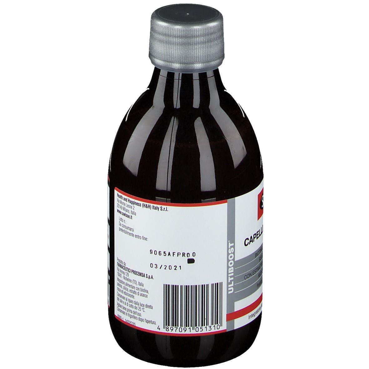 Retro della bottiglia con testo e codice a barre. Contiene informazioni sul marchio e la data di scadenza.