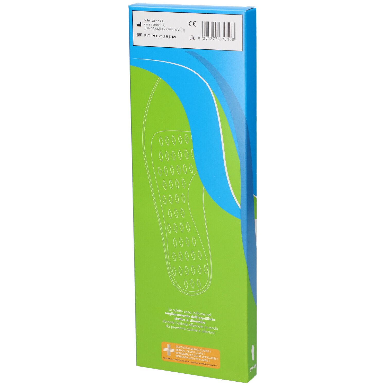 Retro della scatola FIT POSTURE. Verde e blu. Contorno soletta con fori. Testo: 'FIT POSTURE M'. Marchio CE.