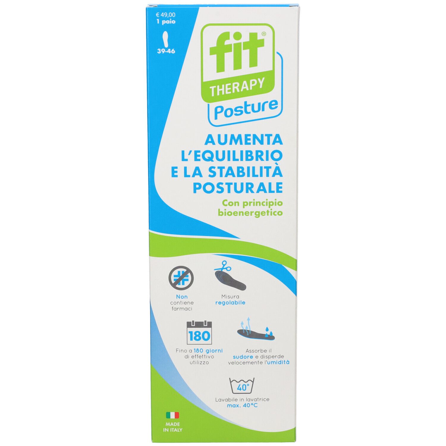 Scatola di solette FIT POSTURE. Testo: 'Aumenta l'equilibrio e la stabilita posturale'. Taglia 39-46. Verde, blu e bianco.