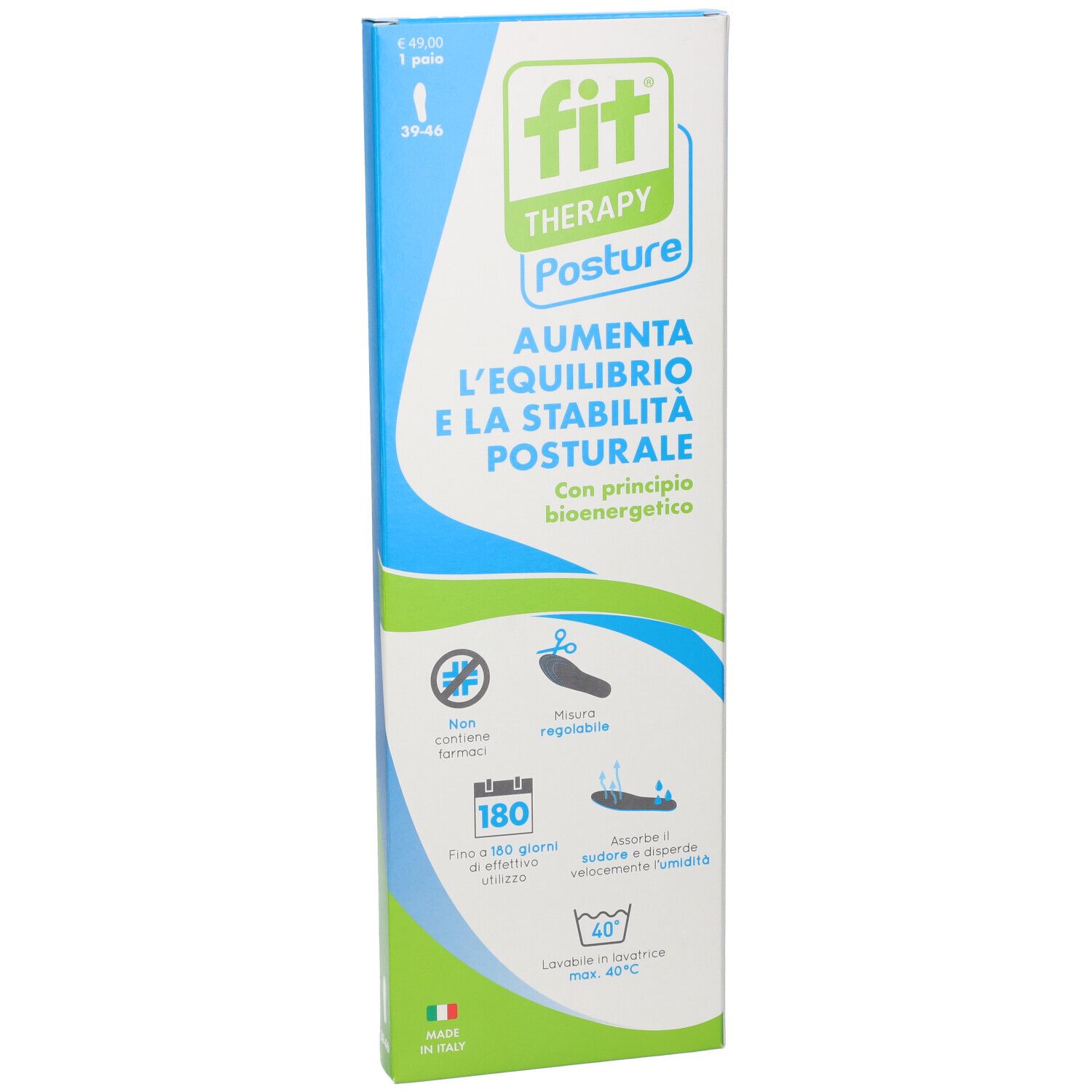 Scatola di solette FIT POSTURE. Testo: 'Aumenta l'equilibrio e la stabilita posturale'. Taglia 39-46. Verde, blu e bianco.