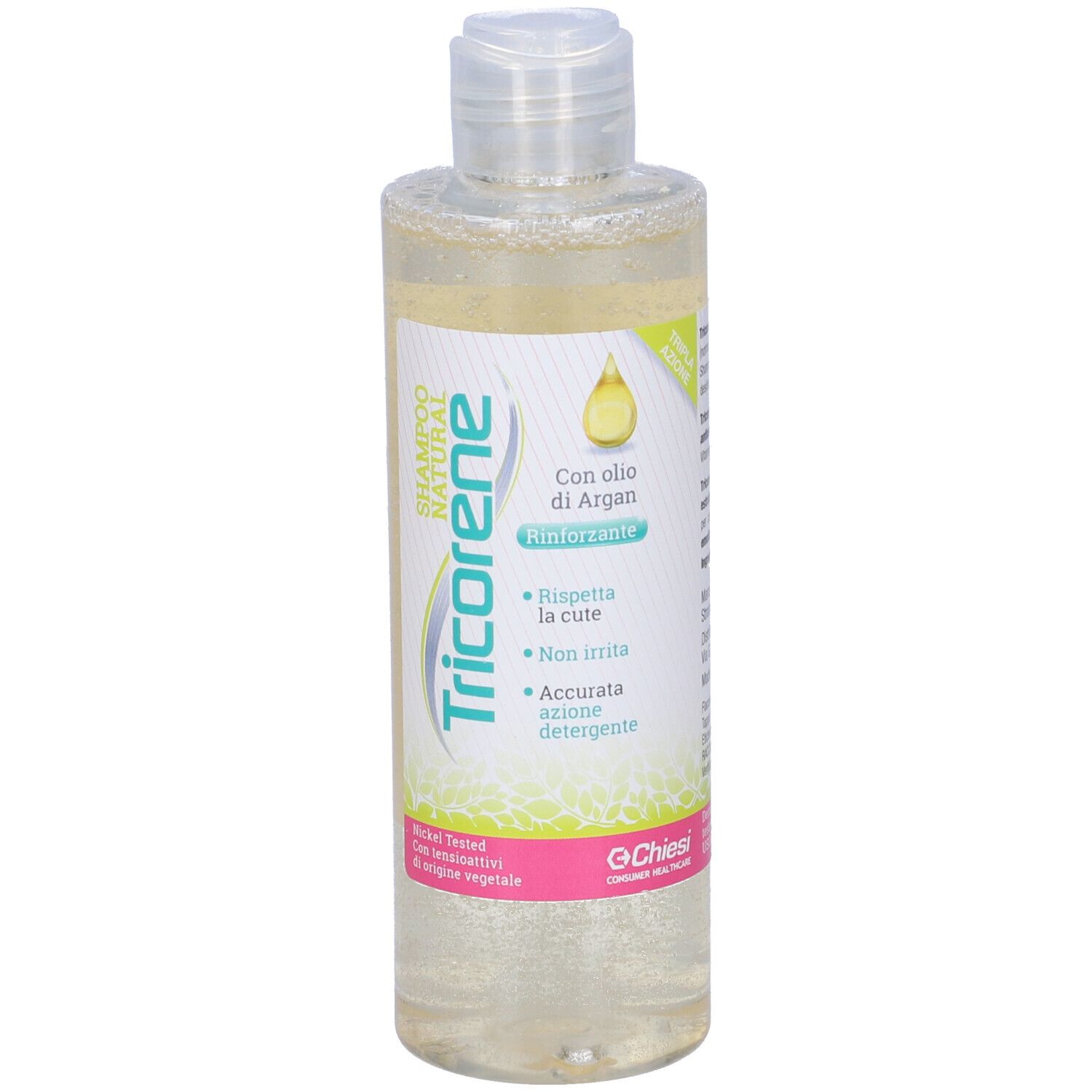 Flacone di shampoo Tricorene. Flacone trasparente con liquido giallastro. Contiene olio di Argan. Marchio Chiesi. Con tappo a ribalta.