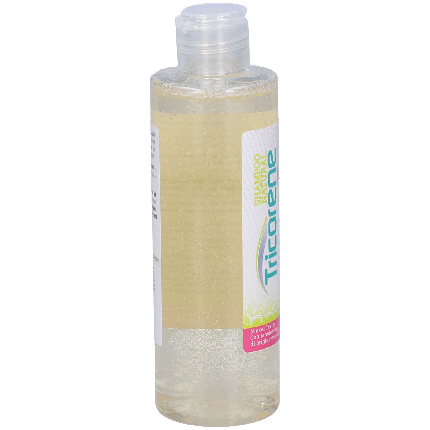 Flacone di shampoo Tricorene. Flacone trasparente con liquido giallastro. Con tappo a ribalta. Retro con informazioni sul prodotto.