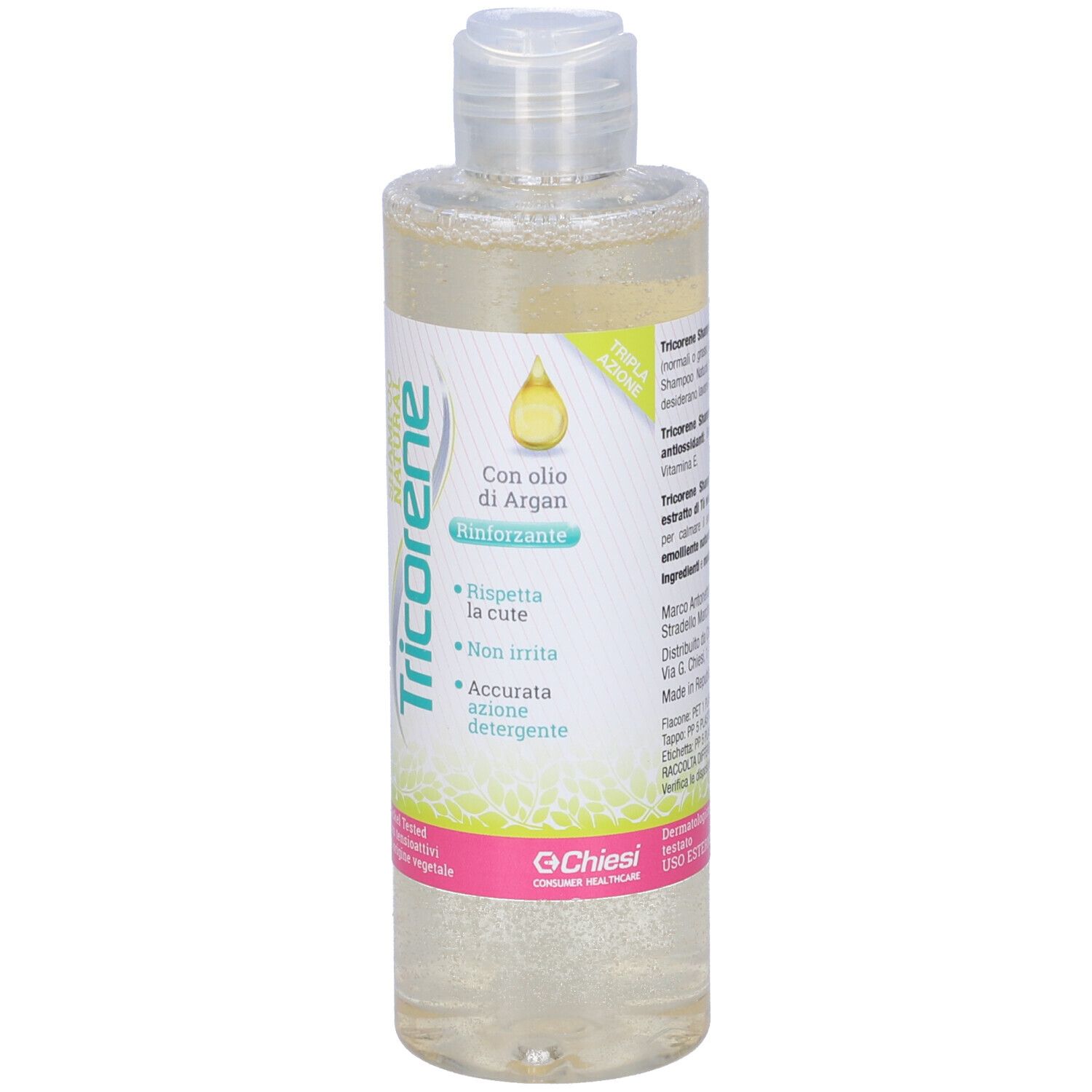 Flacone di shampoo Tricorene. Flacone trasparente con liquido giallastro. Con tappo a ribalta. Retro con informazioni sul prodotto.