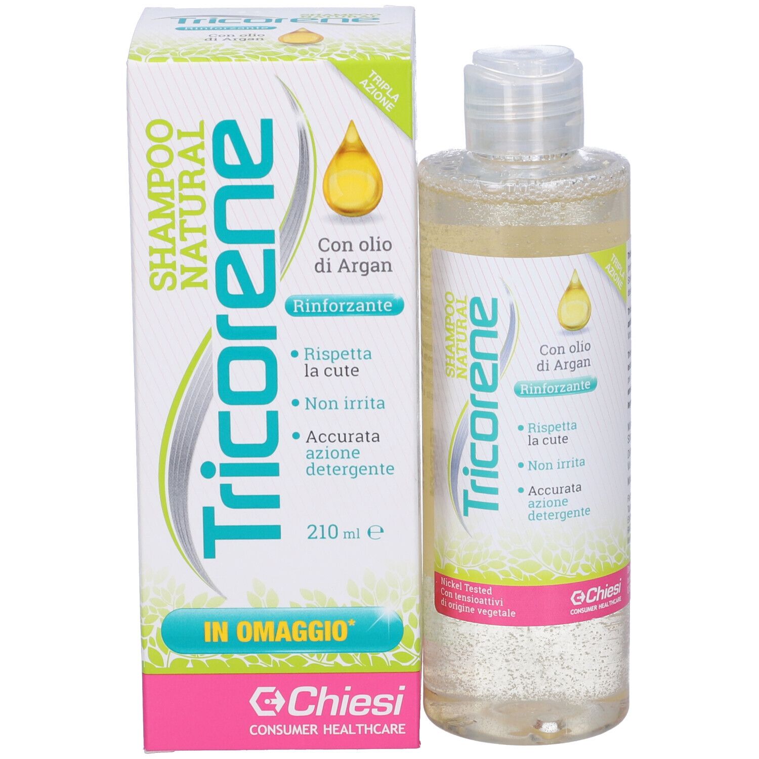 Flacone e confezione di shampoo Tricorene. Flacone e scatola affiancati. Contiene olio di Argan. Marchio Chiesi. Con tappo a ribalta.