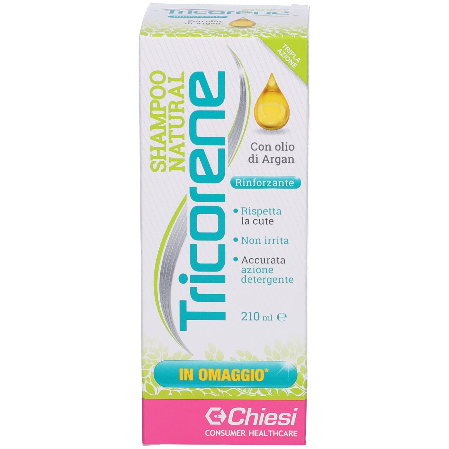 Confezione shampoo Tricorene. Scatola bianca e verde con nome del prodotto e ingredienti. Contiene olio di Argan. Marchio Chiesi.