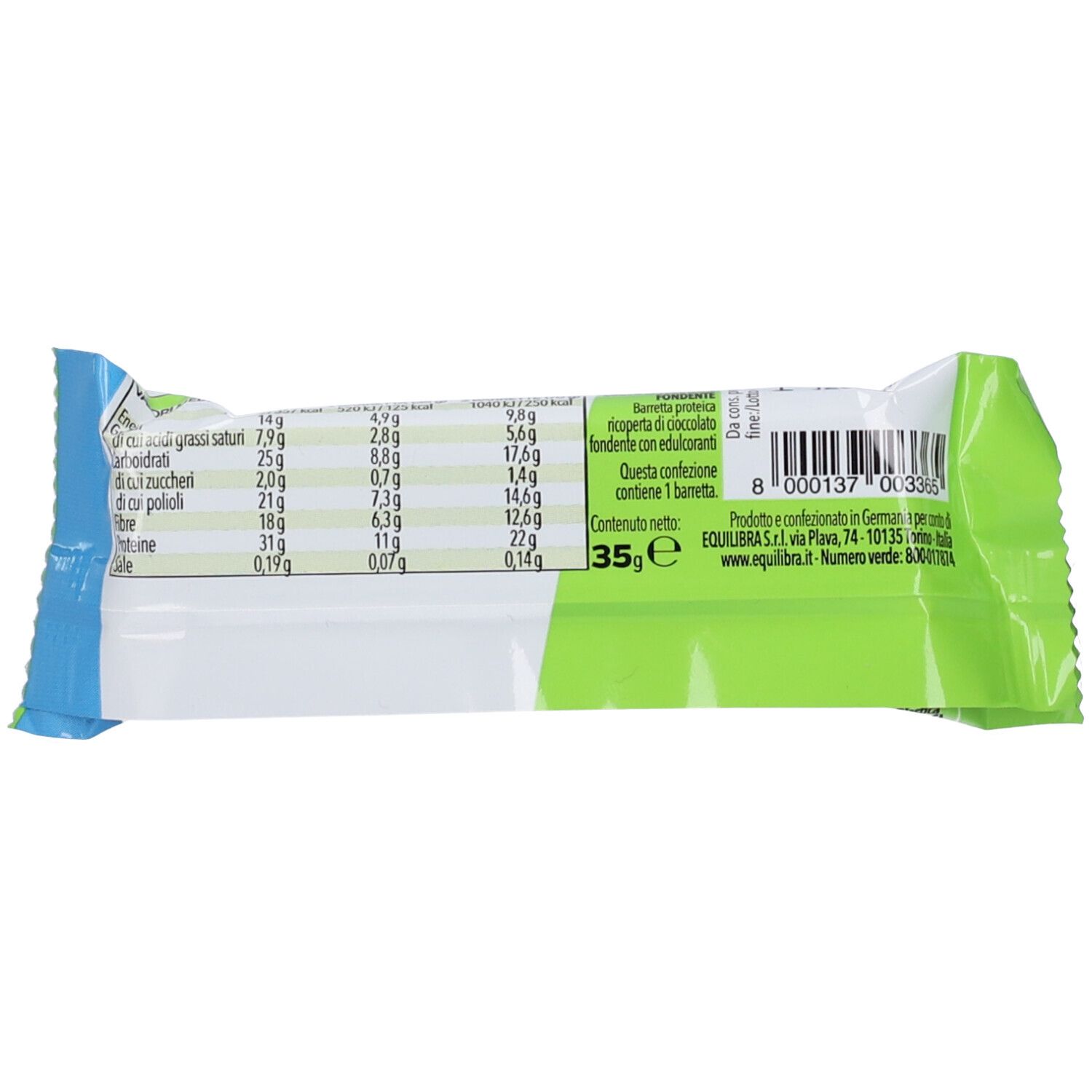 Retro della confezione della barretta proteica. Contiene informazioni nutrizionali e codice a barre. Peso: 35g. Marca: Equilibra.