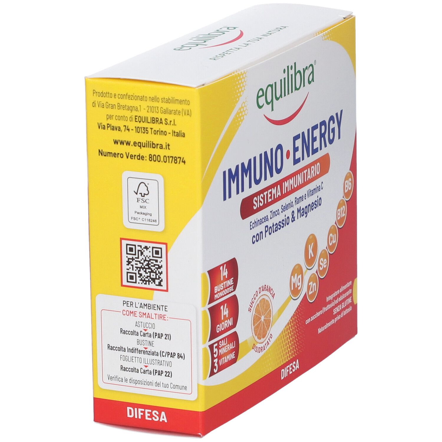 Confezione Equilibra IMMUNO ENERGY. Retro con informazioni. Contiene 14 bustine. Per il sistema immunitario.