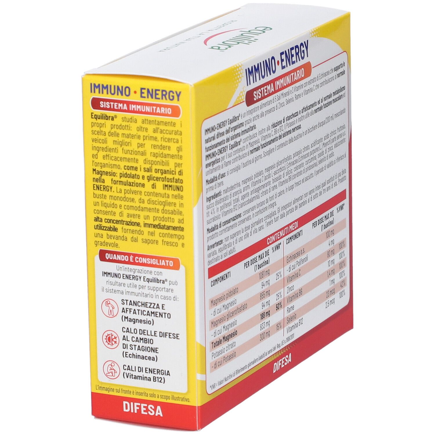 Confezione Equilibra IMMUNO ENERGY. Contiene informazioni su ingredienti e utilizzo. Per il sistema immunitario.