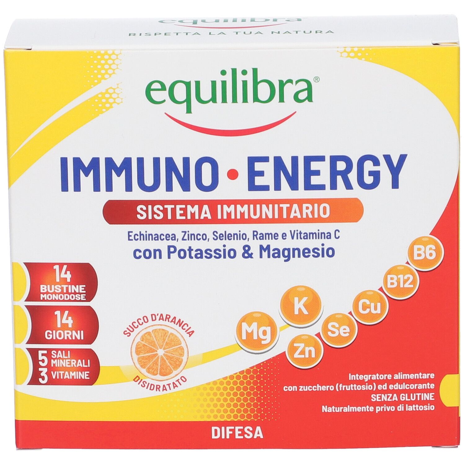 Confezione Equilibra IMMUNO ENERGY. 14 bustine, 5 minerali, 3 vitamine. Gusto arancia. Per il sistema immunitario.