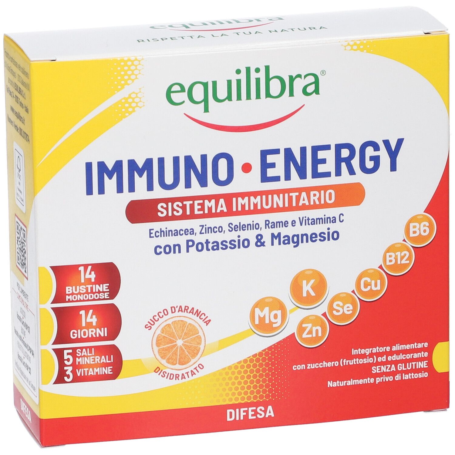 Confezione Equilibra IMMUNO ENERGY. 14 bustine, 5 minerali, 3 vitamine. Gusto arancia. Per il sistema immunitario.