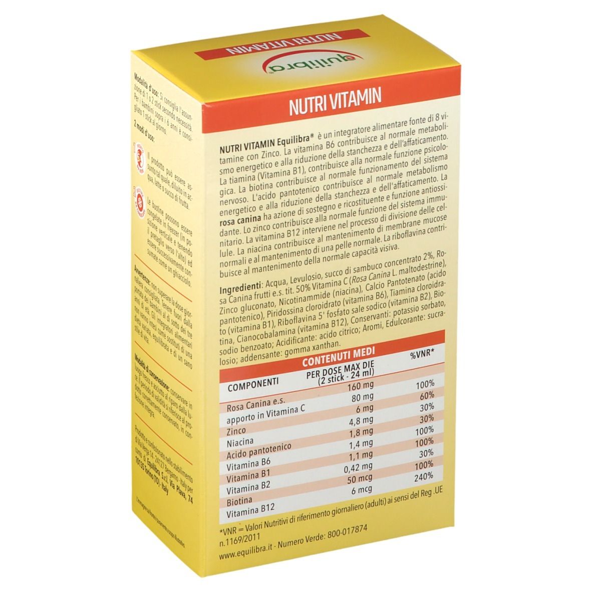 Retro della scatola gialla Equilibra NUTRI VITAMIN. Testo: Ingredienti, informazioni nutrizionali, ingredienti, informazioni produttore. Contiene 12 stick.